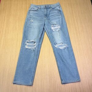 American Eagle Mom Straight Leg Jeans Hi Rise Blue Denim Womens 8 Ripped Stretch